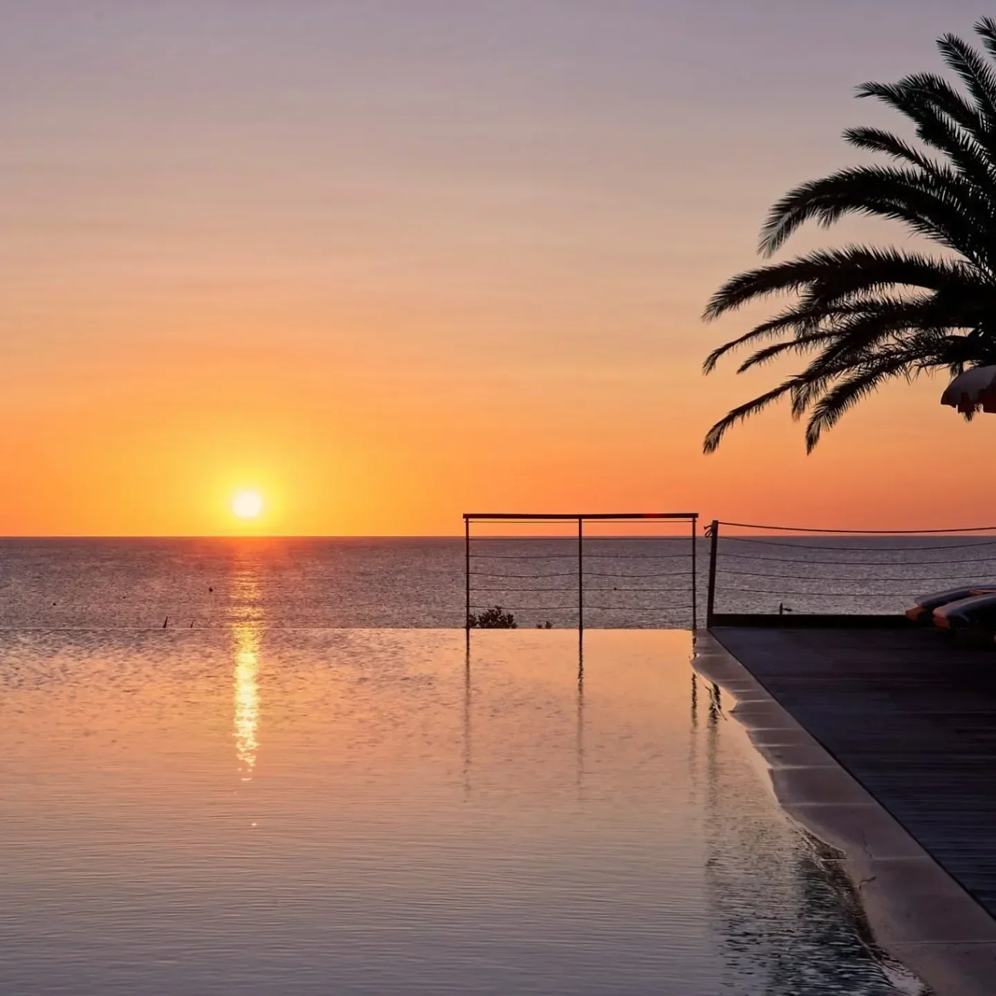 Sunset over the sea from Le Palme restaurant in Sardinia, with infinity pool and palm tree